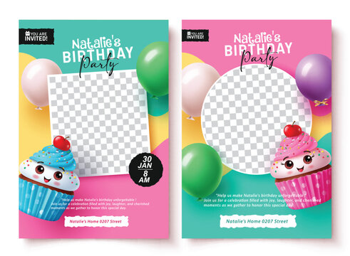 Birthday invitation card vector template design. Birthday party invitation template with blank space for kids picture and cute cup cake decoration elements. Vector illustration greeting card set. 
