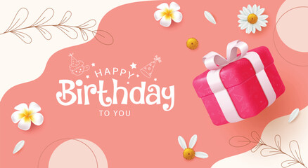 Happy birthday greeting vector background design. Birthday invitation card with pink gift box and daisy flowers elements decoration in abstract background. Vector illustration greeting card background