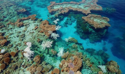 Obraz premium An aerial view of a coral reef suffering from bleaching, with vast areas of white, lifeless corals contrasted against patches of healthy ones