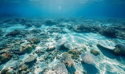 Obraz premium An aerial view of a coral reef suffering from bleaching, with vast areas of white, lifeless corals contrasted against patches of healthy ones