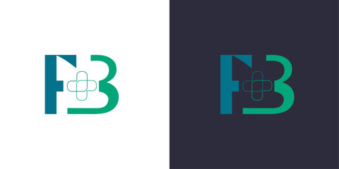 Letter F and B logo monogram, minimal style identity initial logo mark with a medical cross. vector emblem green and blue logotype for business cards initials.