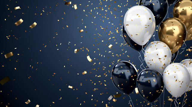 fondo creativo azul con destellos dorados y globos elegantes de decoracion con espacio para copiar para dise&ntilde;o o invitacion de festejo celebracion graduacion o cumplea&ntilde;os