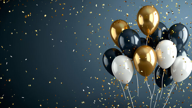 globos de helio en colores elegantes y sofisticados flotando sobre un fondo liso azul marino con destellos dorados con espacio para copiar 
