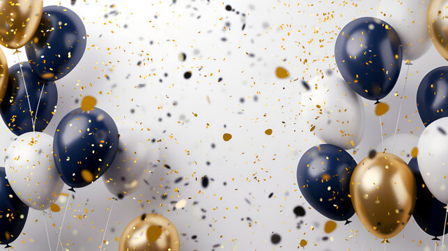 marco de globos elegantes con confeti dorado con fondo liso blanco y decoraciones invitacion para dise&ntilde;o o festejo celebracion de graduacion o cumplea&ntilde;os