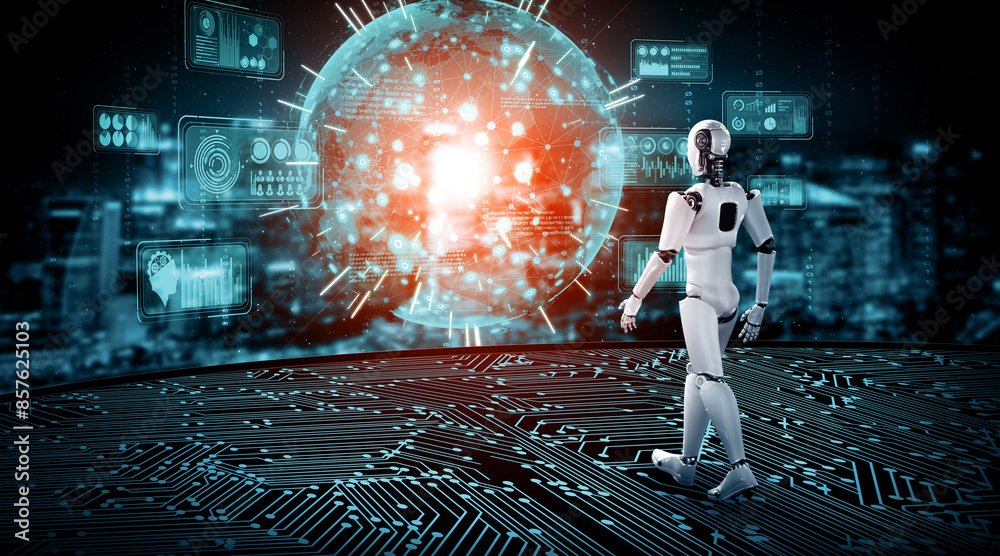 Poster mlp 3d illustration robot humanoid analyzing big data using ai thinking brain and machine learning p