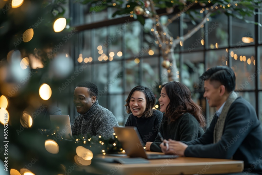 Aufkleber diverse professionals collaborate in a festive workspace to enhance productivity through creativity,