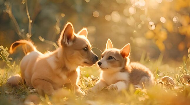 A cute couple of furry friends little cat and a mischievous little dog, are playing together in the garden on a beautiful sunny day