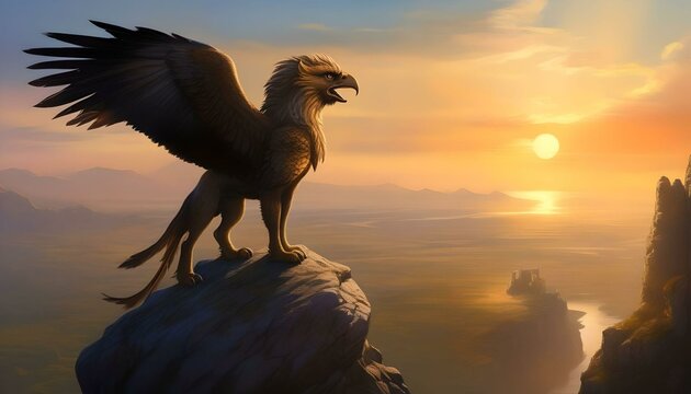 A fierce griffin perched on a rocky cliff, looking out over a kingdom as the sun sets in the distance