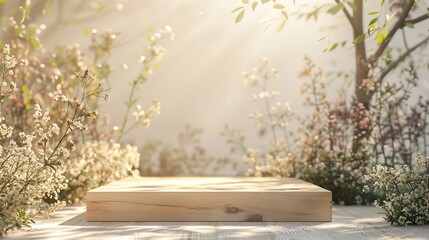 background wallpaper, wooden displays for health beauty products, spa, skin care, perfume, open room with white walls, plant shadows, morning light atmosphere
