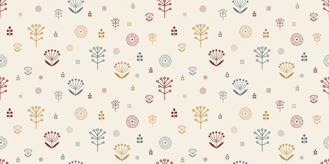 Scandinavian botanical illustration background. Seamless pattern.Vector. 北欧風有機的なイラストパターン