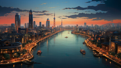 Osaka - Japan, Asia, City, Cartoon, Poster Style