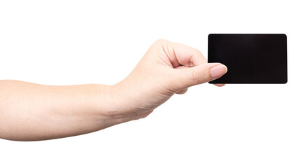 The man's hand holds black card isolated on white background.