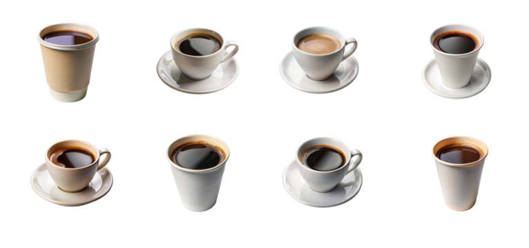Various types of coffee cup collections with different colors on transparent backgrounds.