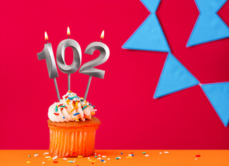 Number 102 candle with birthday cupcake on a red background with blue pennants