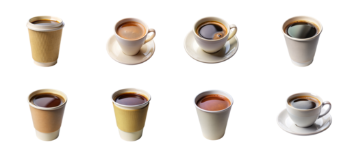 Various types of coffee cup collections with different colors on transparent backgrounds.