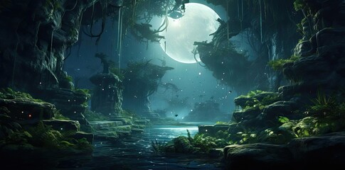 gfx background of a serene river flowing through a lush forest, with a lone tree standing tall in the foreground and a clear blue sky overhead