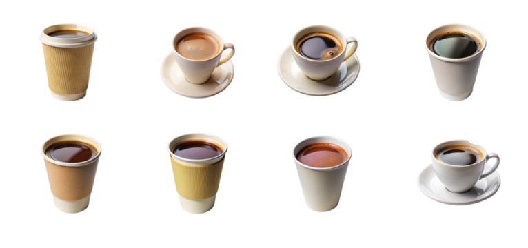 Various types of coffee cup collections with different colors on transparent backgrounds.