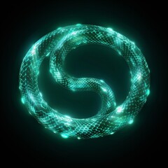 Fototapeta premium a green snake circle body skin, radiating a circle green ring energy against a dramatic dark backdrop, capturing attention with its mesmerizing visuals.