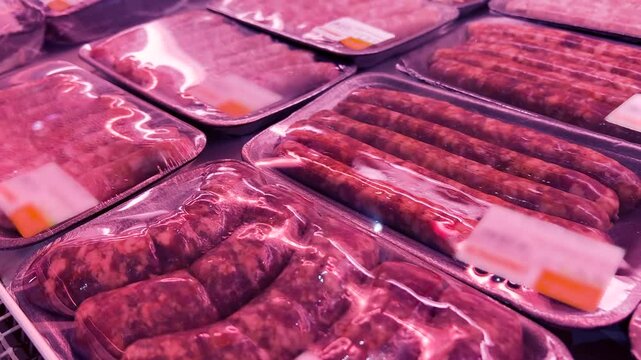 Raw Sausage Variety in Packaged Trays: Fresh Meat Selection in Supermarket Open Refrigerator Display
