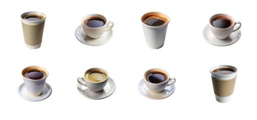 Various types of coffee cup collections with different colors on transparent backgrounds.