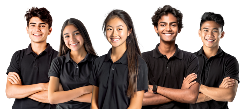 A group of diverse teenagers wearing black polo shirts, smiling and standing together, isolated on a transparent background.