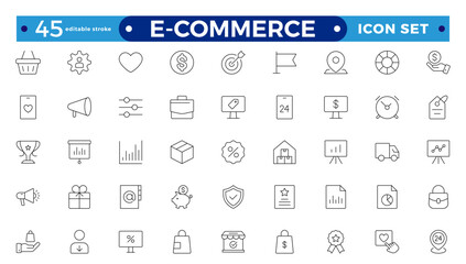 E-commerce outline icon set. Online shopping and delivery elements. E-Commerce set of in-line style. for mobile apps. Business, shop, digital marketing, bank card. Editable stroke outline icon.