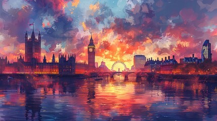 Fototapeta premium A vibrant watercolor of London's skyline at sunset. 