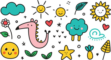 Cute hand drawn doodle set of simple kids decorative elements