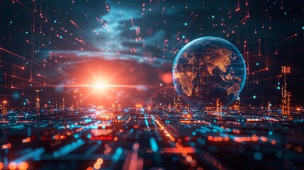 Fototapeta premium Futuristic Global Holographic Business Innovation in Information Technology Light - Digital Future Concept