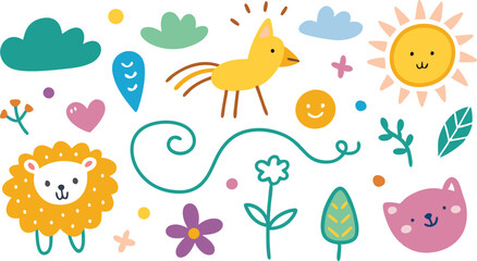 A drawing of a cartoon fox with a happy face and flowers.