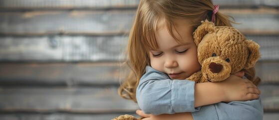 A little girl lovingly embraces her teddy bear, showing comfort and innocence against a rustic wooden background.