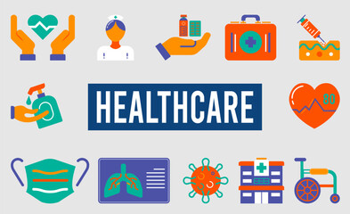 Healthcare minimal solid web icon set with Patient wheelchair, Cardiogram, Hospital, X-ray and more. Vector illustration eps10.