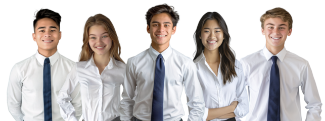 Five young professionals wearing white shirts and ties, posing confidently for a business or corporate setting.