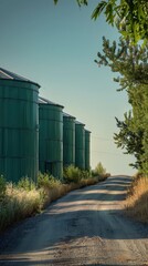 Obraz premium Green grain silos line a dirt road in a rural setting