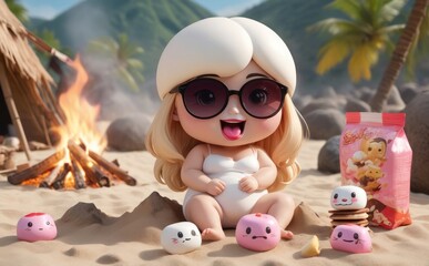 Obraz premium cute girl with marshmallow sitting on the beach sand