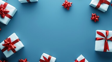 A row of white and red boxes with red bows on top. Generate AI image