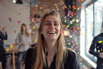 Portrait of a beautiful young woman at a birthday party with confetti