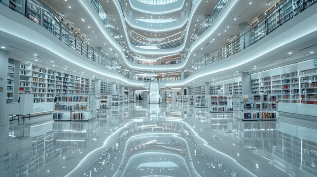 2001 A Space Odyssey style Shopping mall shiny chrome Octagon shaped atrium, Bright daylight Shiny chrome 6 meter computer lights array on wall, middle of library made of scintillating translucent