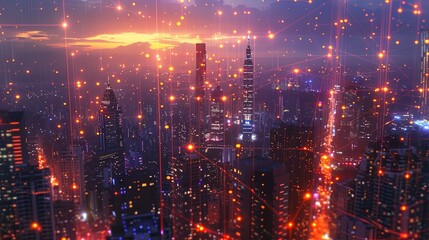 A stunning display of a futuristic city skyline at dusk, featuring illuminated skyscrapers and a network of glowing lines connecting the buildings against a vibrant sunset backdrop.