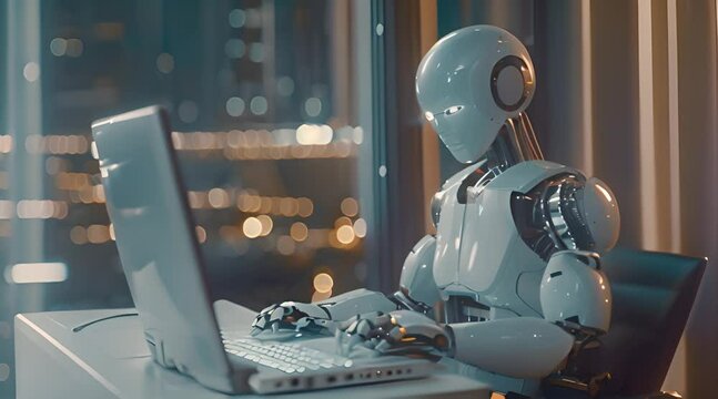 Artificial intelligence, or ai robot working at office by using computer laptop and typing keyboard, Technology in future, Communication network