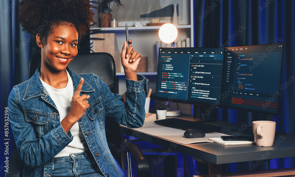Poster young african wearing jeans shirt, it developer presenting program on computer screens displaying co