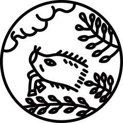 線画円形ミニ花札　文月　萩　猪　7月　萩に猪