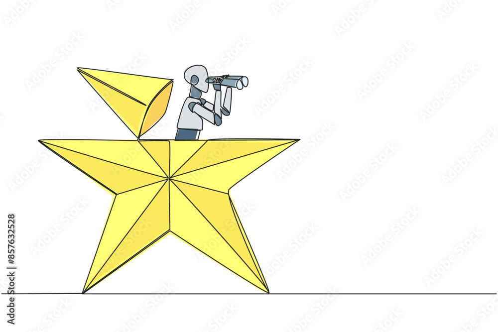 Poster continuous one line drawing smart robot emerges from star shape look for something with binocular. t