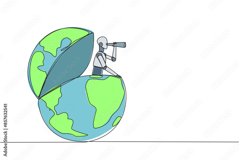 Poster single continuous line drawing smart robot appears from the globe looking for something through bino