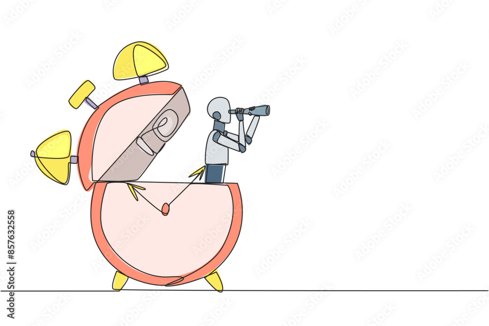 Poster single continuous line drawing smart robot appears from the alarm clock looking for something throug