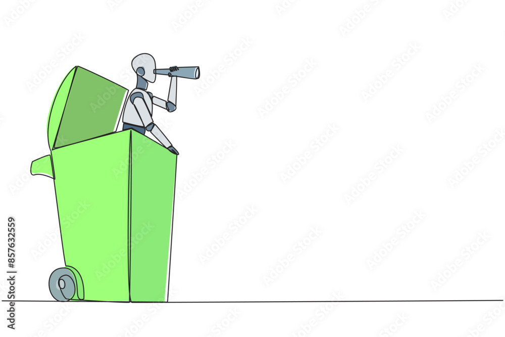 Poster continuous one line drawing a smart robot emerges from a wheeled bin looking for something through b