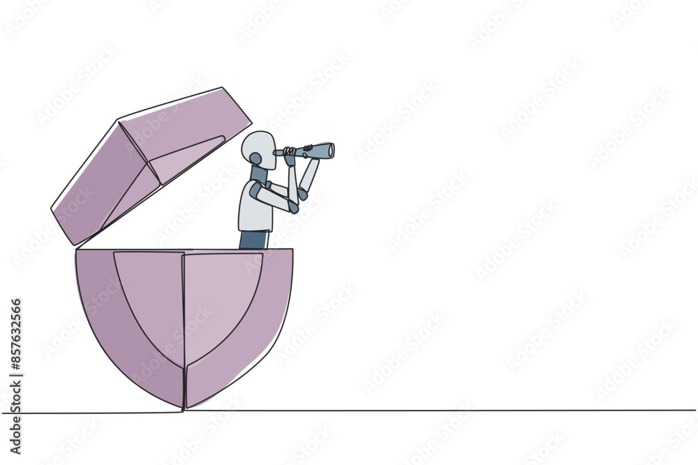 Poster single one line drawing a smart robot emerges from the shield looking for something through binocula