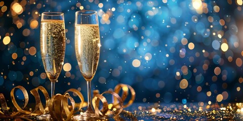 Immerse in the festive spirit with champagne glasses under golden lights, radiating warmth and joy. A chic and elegant celebration filled with happiness, shimmering bubbles, and joyous cheers