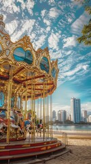 Obraz premium Carousel with gold details on sandy beach, city buildings in distance