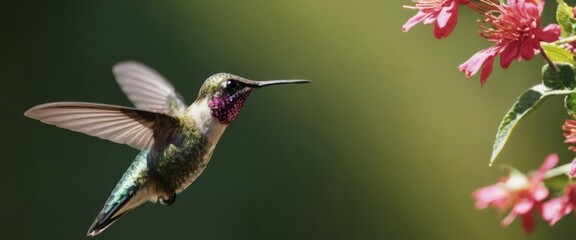 Hummingbird in flight near pink flowers